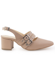 Vista lateral de zapatilla maquillaje para mujer con tacón ancho de 6cm, punta fina y doble hebilla con estoperoles
