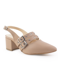 Vista diagonal de zapatilla maquillaje para mujer con estoperoles, punta fina y tacón bajo de 6cm