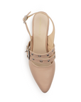 Vista superior de zapatilla maquillaje para mujer con punta fina y doble hebilla que contienen estoperoles