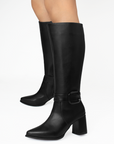 Botas negras de punta fina con hebilla lateral y tacón medio 7cm para dama
