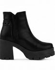 Vista superior de la cremallera ajustable en botín negro para dama con plataforma y tacón medio 9cm
