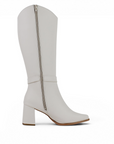 Vista superior de la bota beige con punta fina para dama, cremallera y tacón medio 7cm