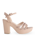 Vista lateral de zapatilla nude de plataforma para mujer con tiras de pedrería y tacón ancho medio de 10cm
