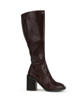 vista lateral de botas cafés para dama con tacón medio 9cm