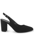 Vista lateral de zapatilla negra para mujer con punta cerrada fina y tacón ancho de 9cm