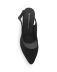 Vista superior de zapatilla negra destalonada con ajuste de pulsera y punta cerrada fina