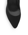 Vista de material buck en zapatilla negra para mujer con punta cerrada y tacón medio de 9cm