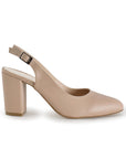 Vista lateral de zapatilla maquillaje para mujer con punta cerrada fina y tacón ancho de 9cm