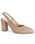 Vista diagonal de zapatilla maquillaje para mujer con tacón de 9cm punta cerrada y destalonado