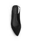 Vista superior de flats negros destalonados para mujer con punta fina y correa trasera ajustable