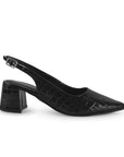 Vista lateral de zapatilla negra con punta fina destalonada y tacón ancho bajo de 5cm