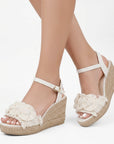 Alpargata Beige Dama Tira Ancha Con Flores Moda Casual Pulsera 3690128
