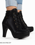 Bota Negro Casual Tacon Delgado Agujeta Moda Botin Corto Mujer 3201276