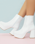 BOTA BLANCO BOTÍN TACÓN ANCHO CASUAL PLATAFORMA DAMA MODA 1710549