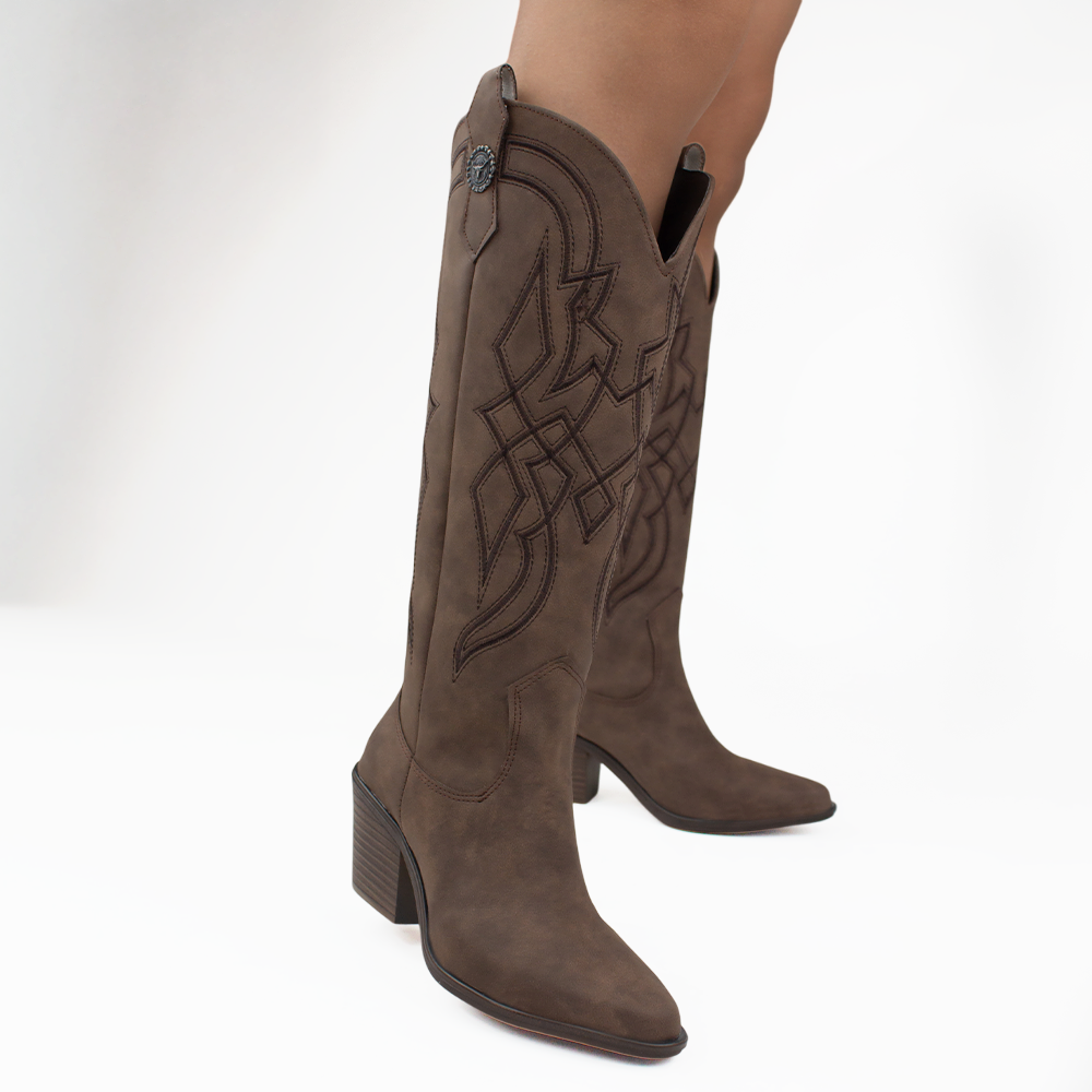 Bota Cafe Bordada Vaquera Mujer Tacon Ancho Puntal Moda 3402878