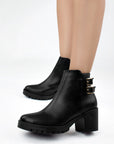Botin Negro Tacon Ancho Hebillas Metalicas Moda Mujer 3402884