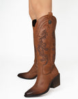 Botas Cafe Mujer Estilo Vaquera Bordado Puntal Casual 3402904