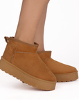 Botas Cafe Dama Peluche Plataforma Moda Botin Corto Para Mujer 4870003