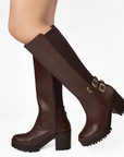 Bota Cafe Dama Doble Hebilla Metalica Suela Dentada Moda 3430050