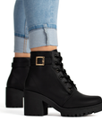 Bota Negro Mujer Cordones Hebilla Casual Botin Para Dama Tacon 4760008