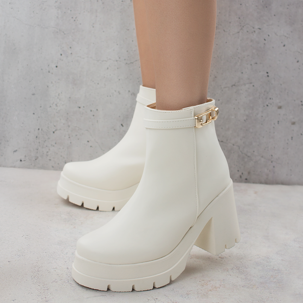 Botines Beige Plataforma Alta Mujer Tacon Ancho Confortable Moda