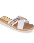 Sandalias Blanco Planas Mujer Comodas Modernas Detalles Brillantes 4500140