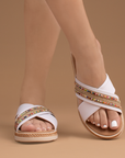 Sandalias Blanco Planas Mujer Comodas Modernas Detalles Brillantes 4500140