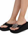 Sandalia Negro Flor de Pedreria Mujer Moda Verano Elegante 3201436