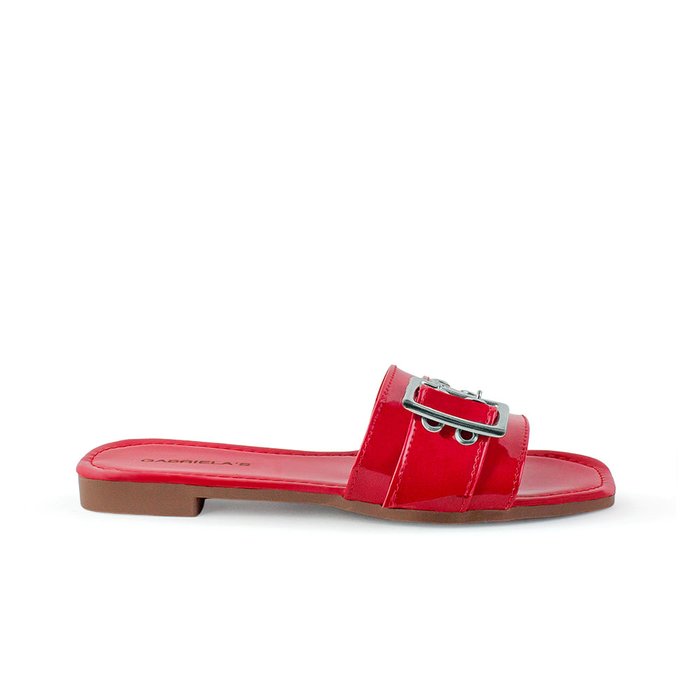 Sandalias Rojo Charol Casual Hebilla Ojillos Piso Moda Mujer