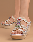 Sandalia Beige Plataforma Mujer Trenzado Detalles Multicolor Moda 3402767