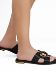 Sandalia Negro Mujer Piso Punta Cuadrada Herraje Casual Moda Dama 3402929