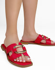 Sandalia Rojo Mujer Piso Punta Cuadrada Herraje Casual Moda Dama 3402931