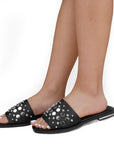 Sandalia Negro Piso Dama Casual Pedreria Moda Tira Ancha Playa 3402933