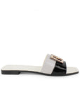Sandalia Beige Negro Mujer Casual Piso Punta Cuadrada Herraje Moderno 3402967