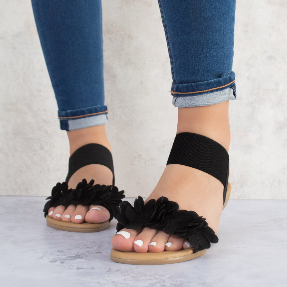 Sandalia Negro Mujer Piso Pulsera Resorte Moda Flores Casual