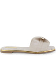 Sandalia Beige Plana Mujer Punta Cuadrada Moño Moda Dama 2760732