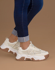 Tenis Beige Casual Plataforma Alta Chunky Pedreria Moda Comodo Agujetas 3201309