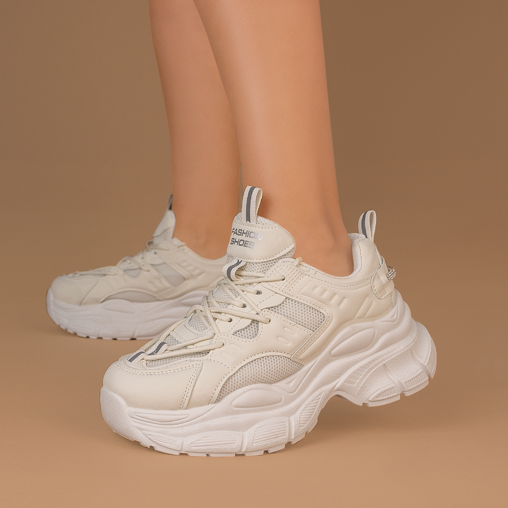 Sneakers Beige Casual Moda Mujer Plataforma Chunky Comodo Agujetas