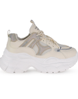 Tenis Beige Mujer Con Plataforma Chunky De Moda Brillos Cordones 3201314