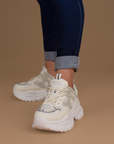 Tenis Beige Mujer Con Plataforma Chunky De Moda Brillos Cordones 3201314