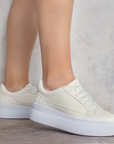 Tenis Blanco Moda Casual Mujer Plataforma Liso Urbano Agujeta 4820028