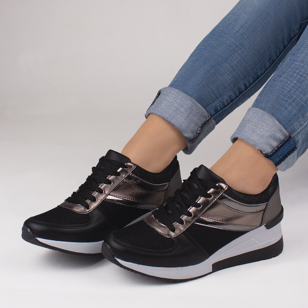 Tenis Negro Gris Plataforma Agujetas Comodo Moda Brillos Moderno