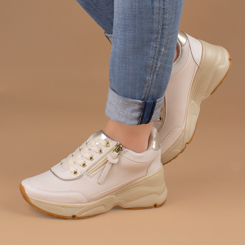 Tenis Beige Mujer Urbano Casual Cierre Moderno Plataforma