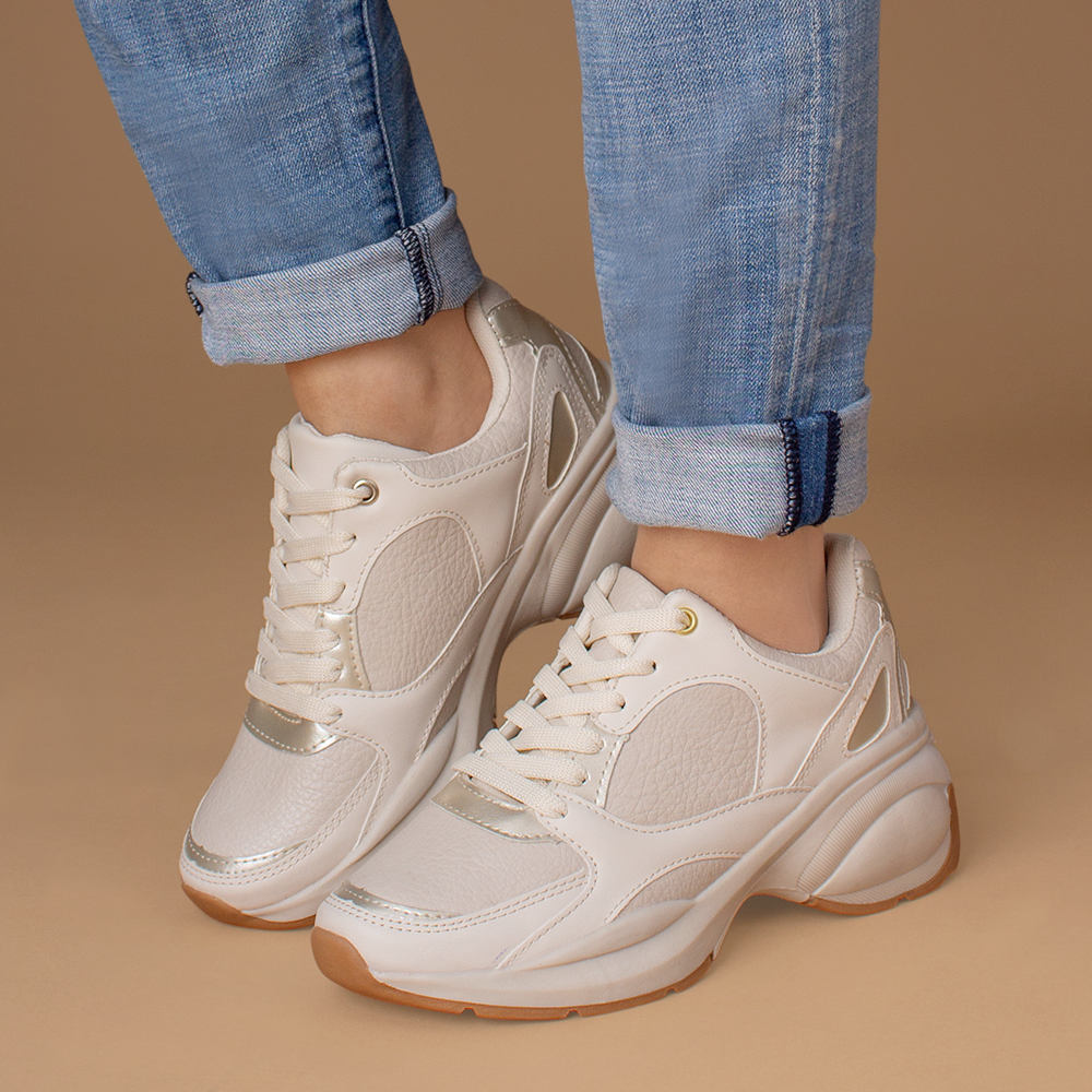 Tenis Beige Mujer Plataforma Confort Casual Agujetas Moderno