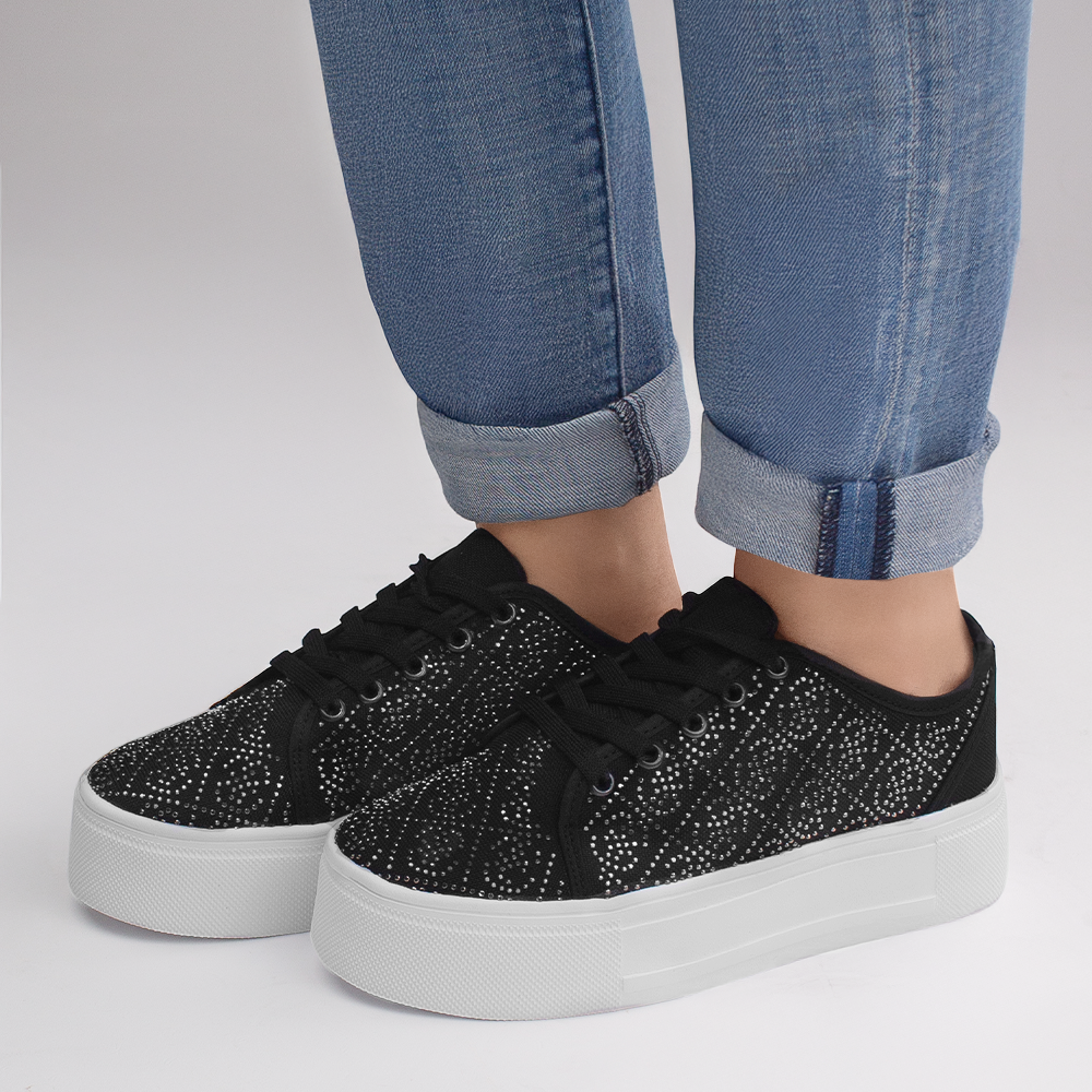 Tenis Negro Mujer Pedreria Sneakers Moda Dama Brillos Casual