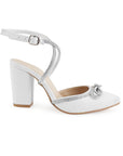 Zapatilla Blanco Plata Dama Punta Cerrada Tacon Alto Brillos Fiesta 3201234