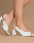 Zapatilla Beige Oro Destalonada Puntal Tacon Acampanado Moda Mujer 3201254