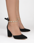 Zapatilla Negro Mujer Elegante Pulsera Perlas Stiletto Casual Dama 3201299