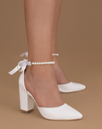 Zapatilla Blanco Mujer Elegante Pulsera Perlas Stiletto Casual Dama 3201307