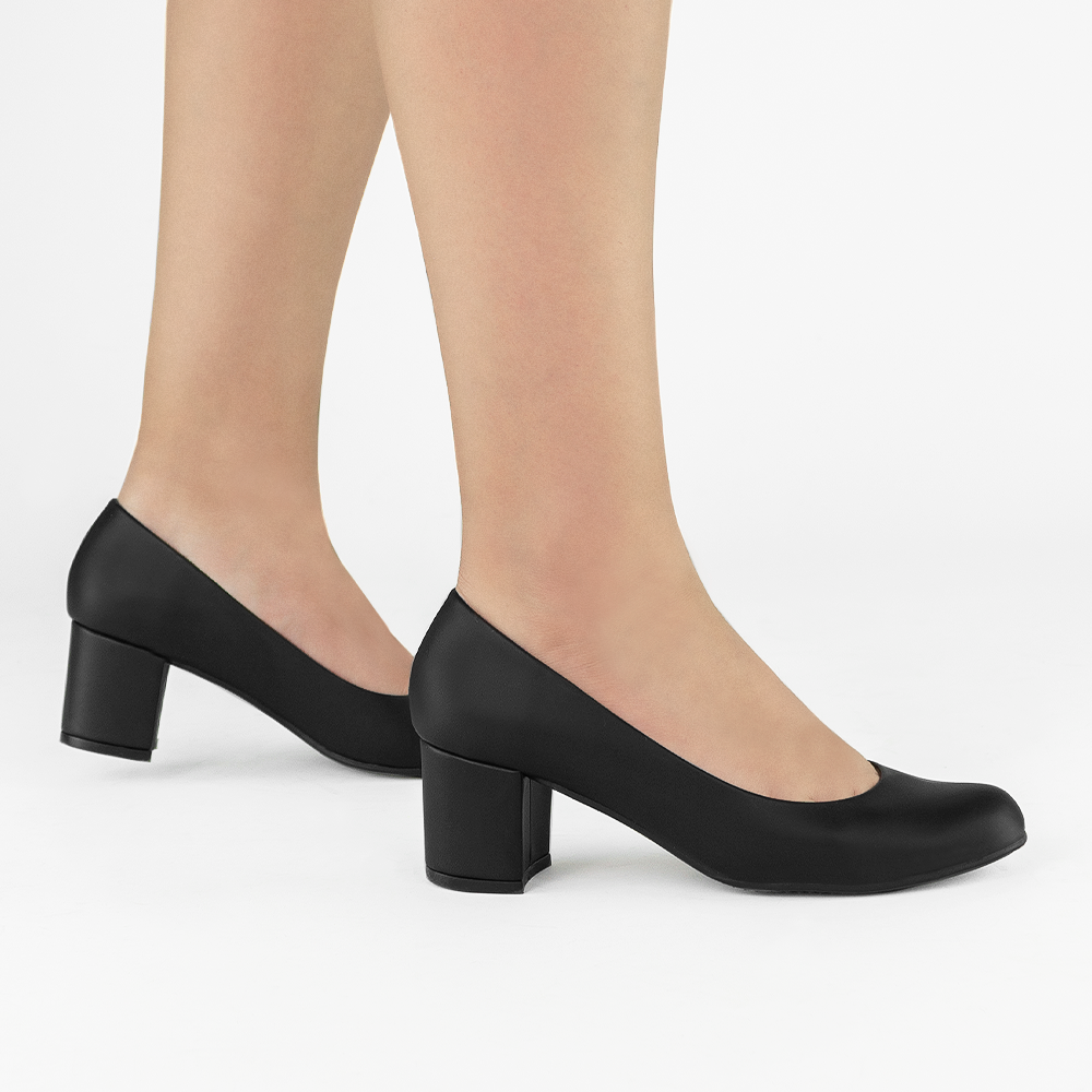 Zapatilla Negro Mujer Punta Redonda Tacon Ancho Casual Moda Formal